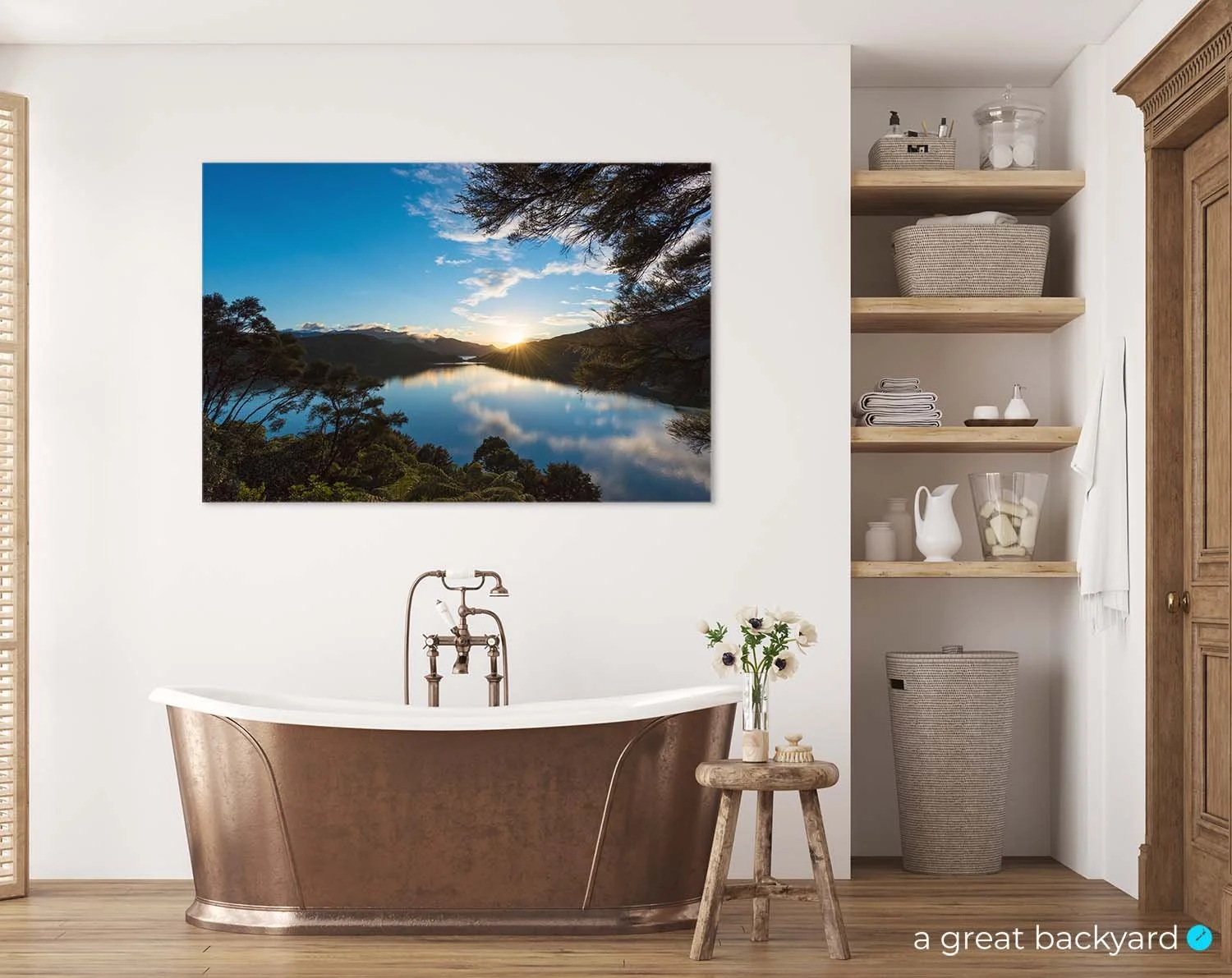 Kenepuru Dawn print on interior wall | a great backyard NZ photography