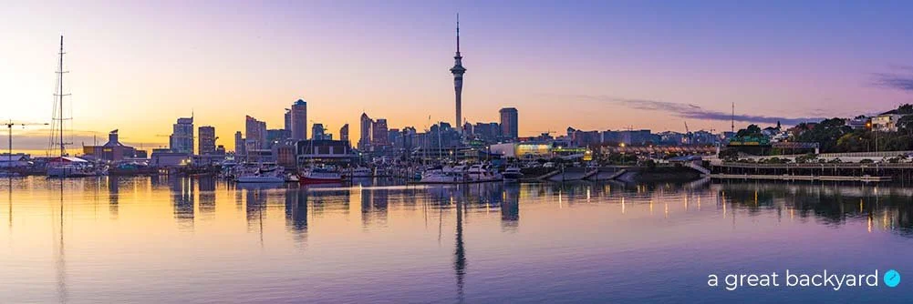 View of Auckland City viaduct at dawn, New Zealand