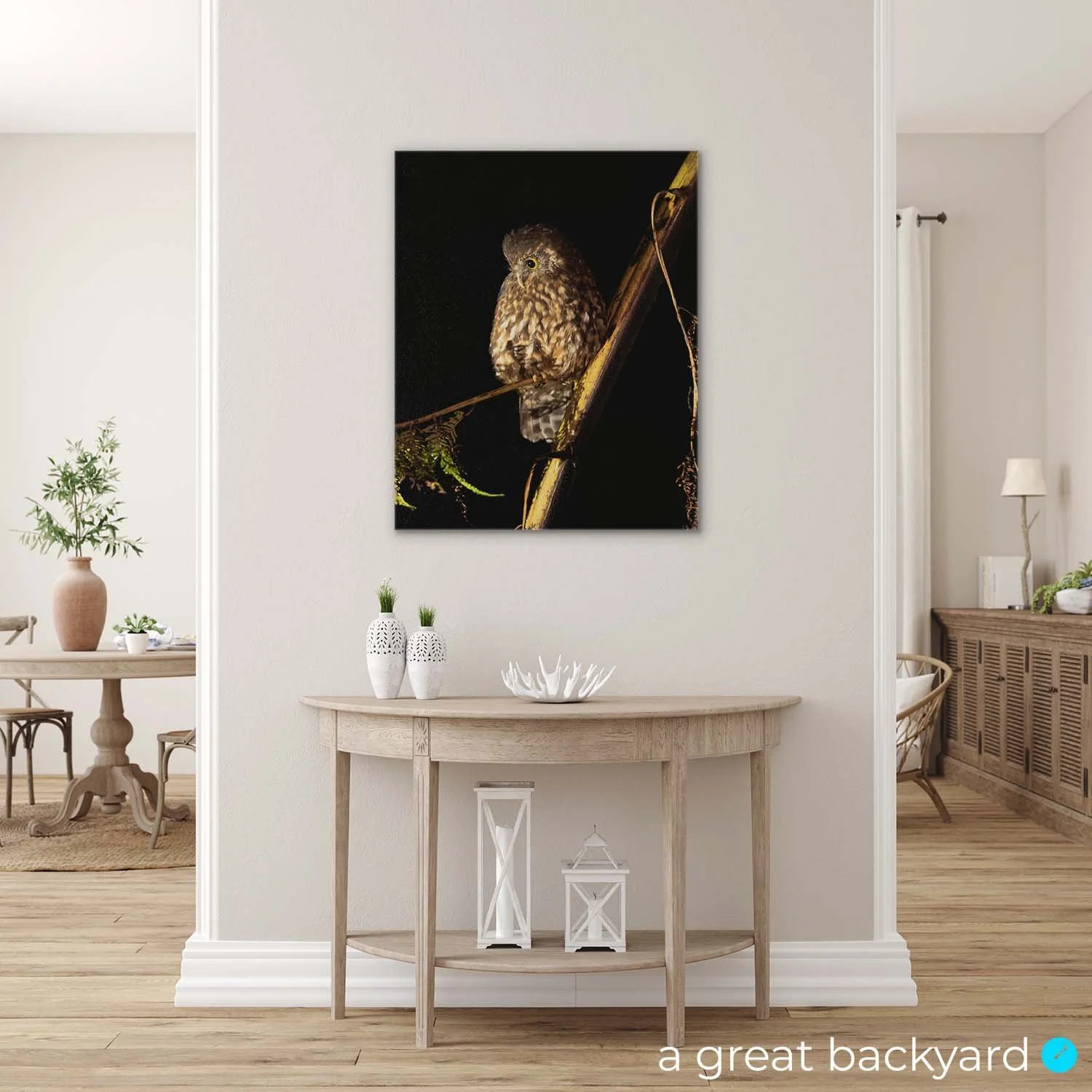 Morepork | ruru print by Corin Walker Bain on home wall | Proudly hand-crafted by a great backyard New Zealand