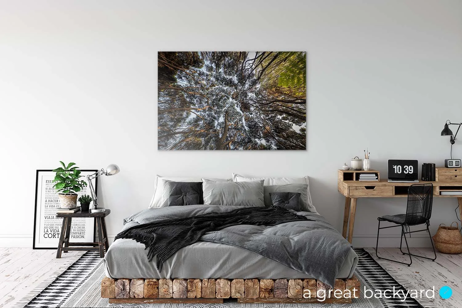 Manuka tree canopy print hanging on bedroom wall | a great backyard New Zealand photography