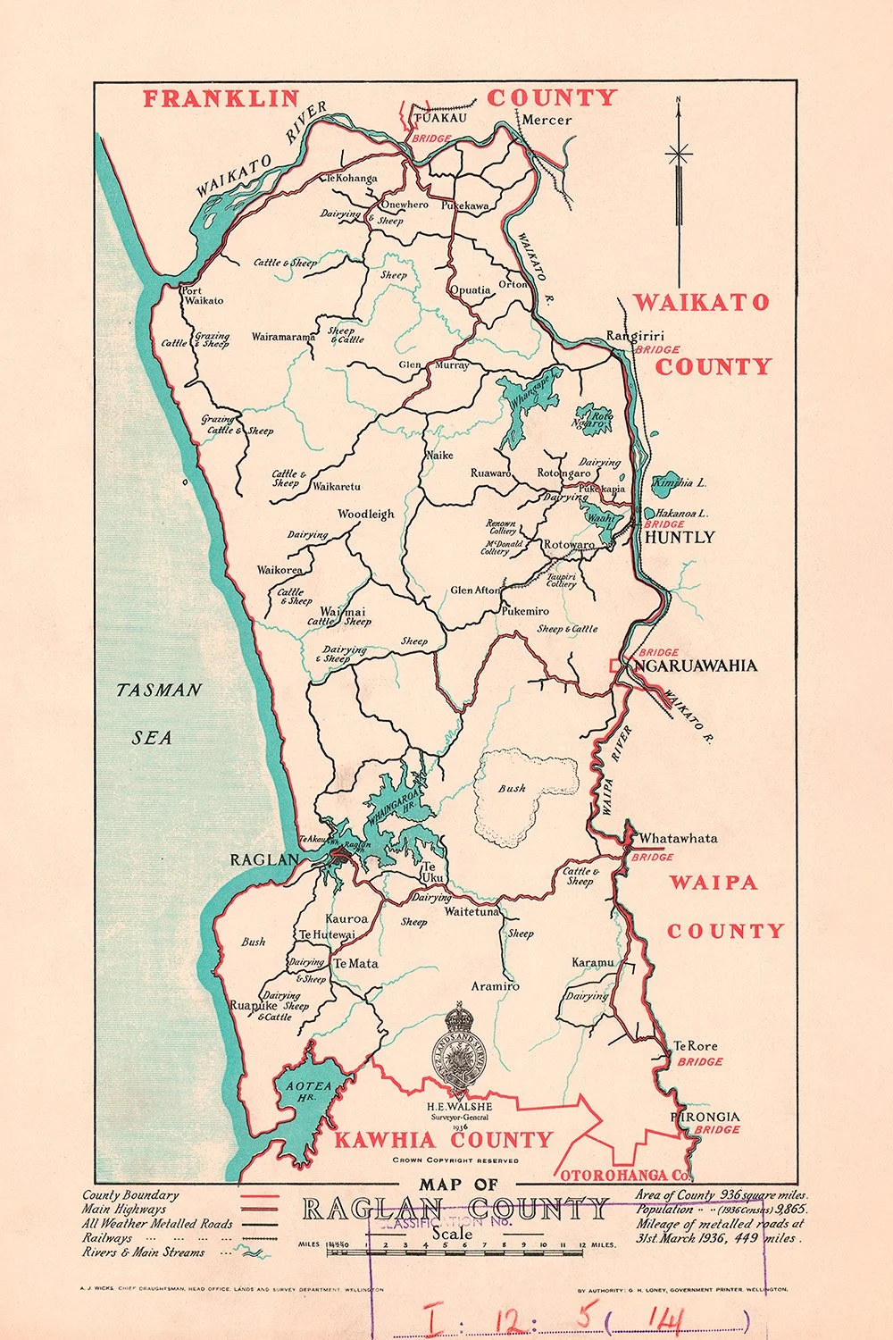 Vintage 1936 Map of Raglan County, New Zealand