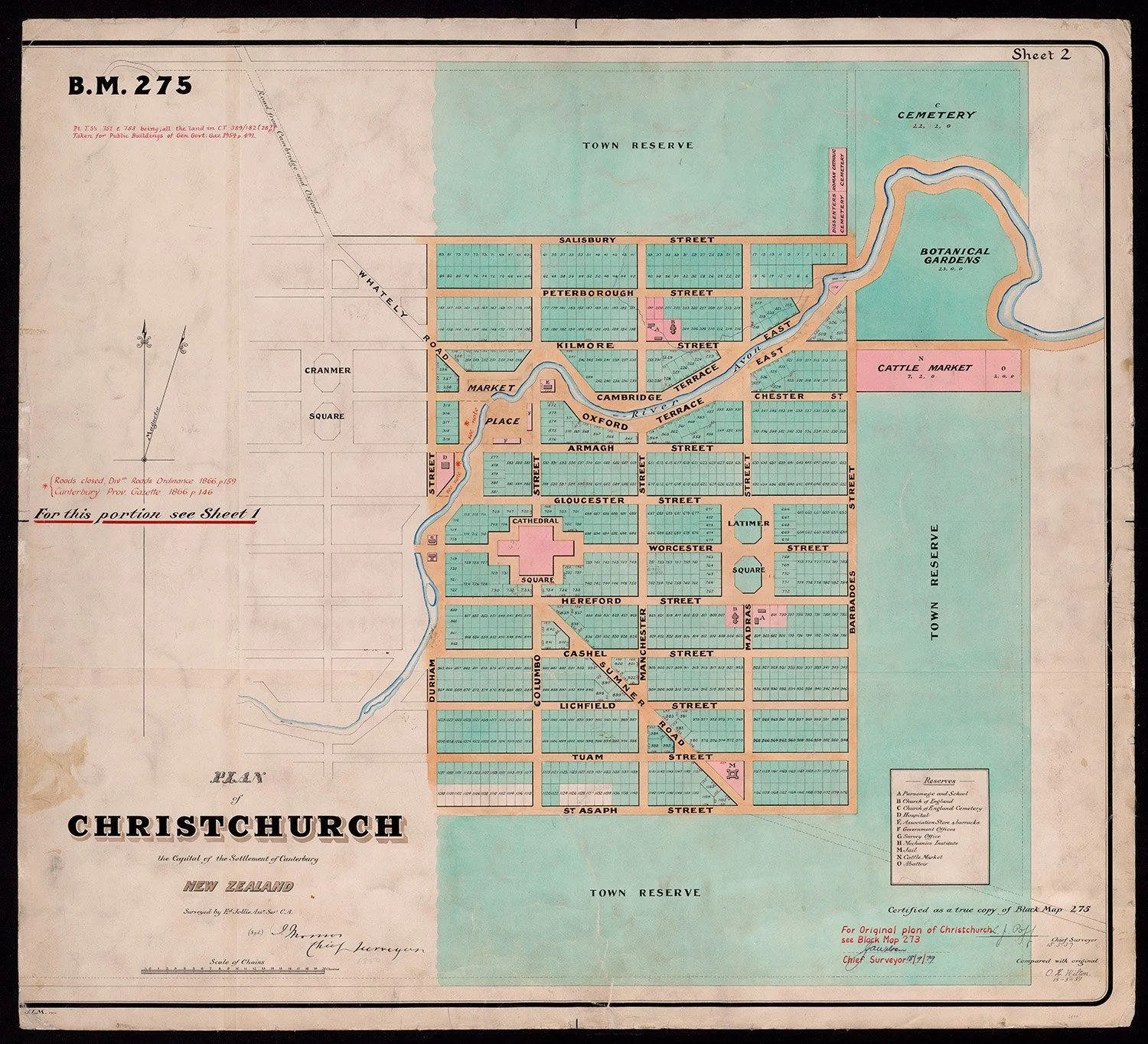 Vintage 1879 'Black Map' of Christchurch, New Zealand