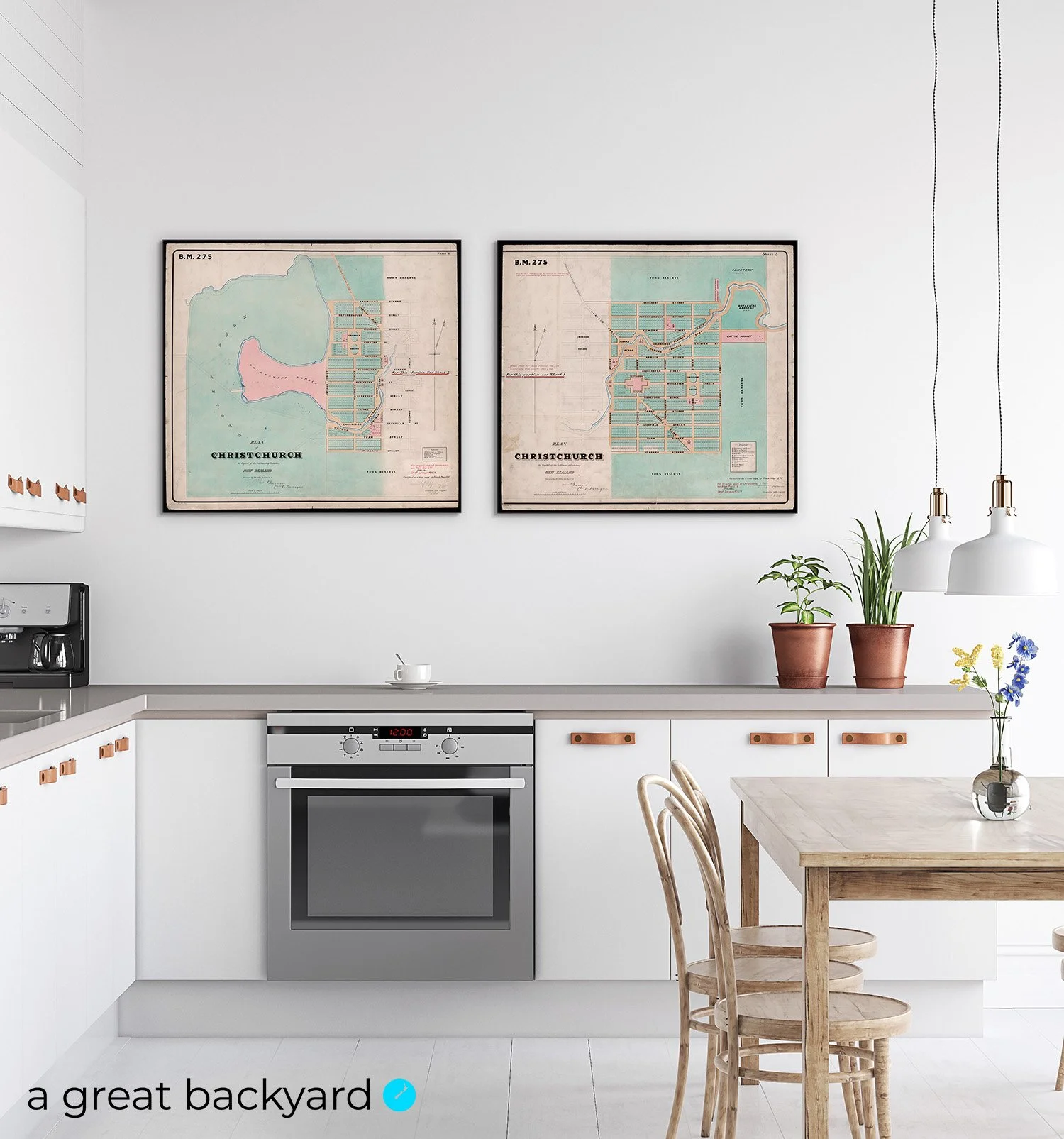 Vintage 1879 'Black Maps' of Christchurch hanging on kitchen wall