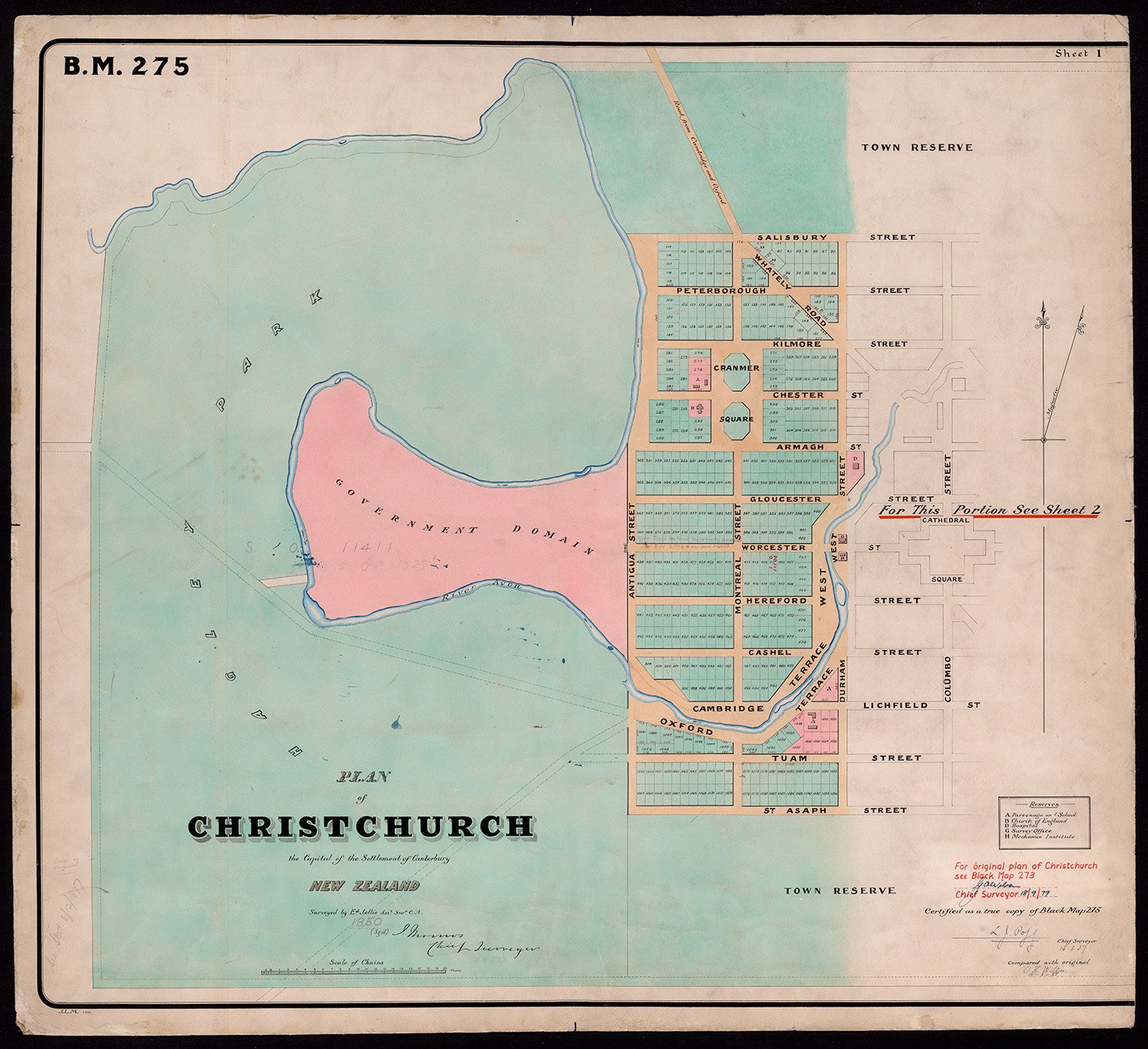 Vintage 1879 'Black Map' of Christchurch, New Zealand