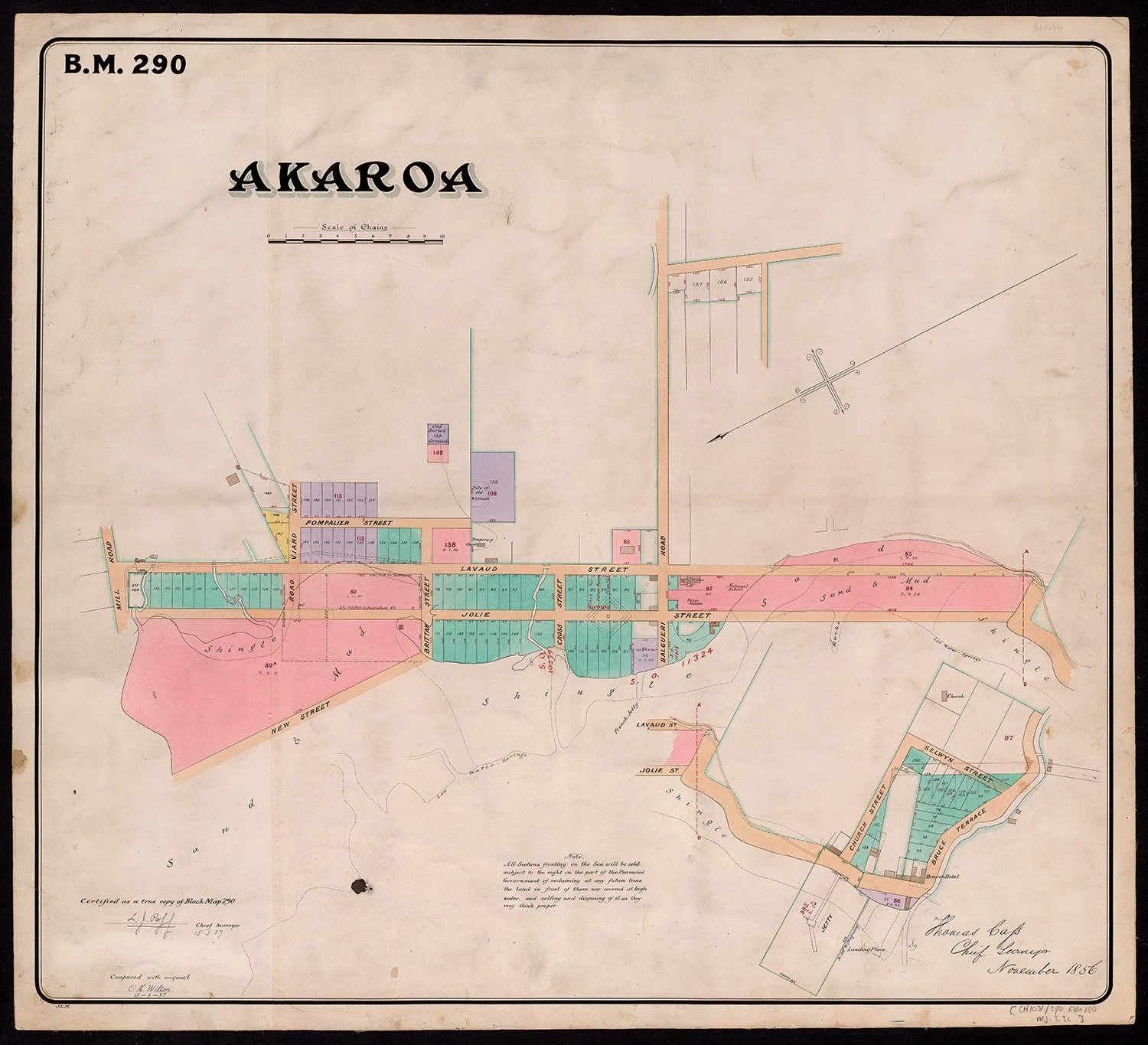 Vintage 1856 'Black Map' of Akaroa, New Zealand