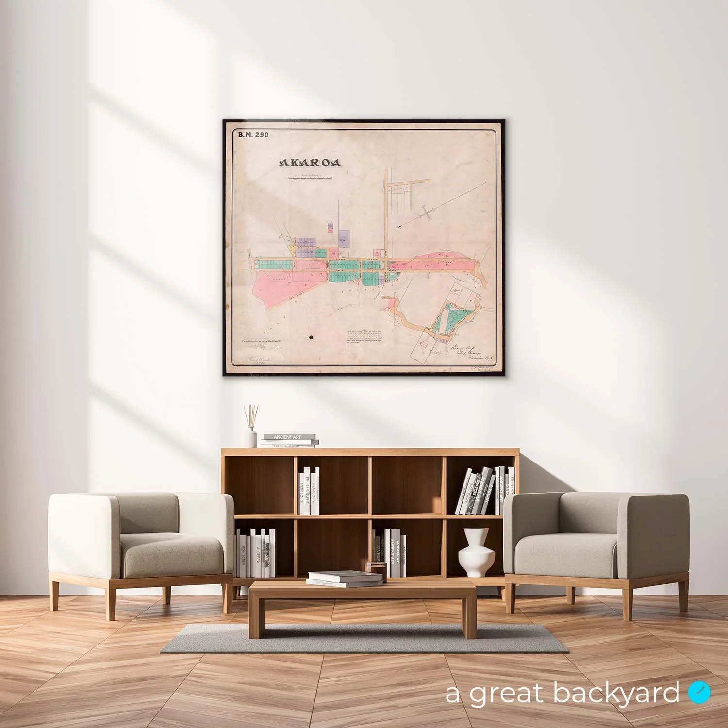 Home with vintage 1856 'Black Map' of Akaroa hanging on wall