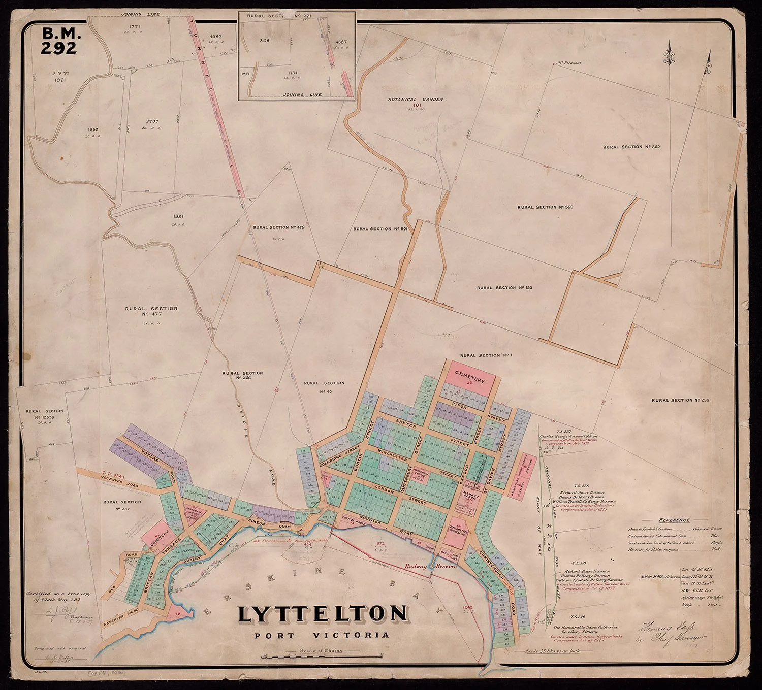 Vintage 'Black Map' of Lyttelton, New Zealand