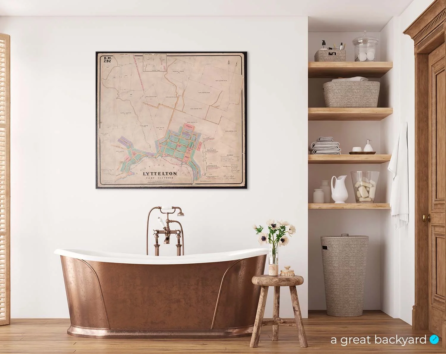 Vintage 'Black Map' of Lyttelton hanging on bathroom wall