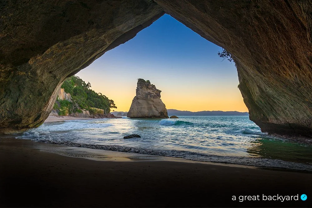View of Cathedral Cove at dawn, New Zealand