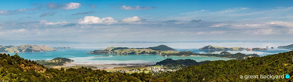 View across bays of Coromandel Town, New Zealand
