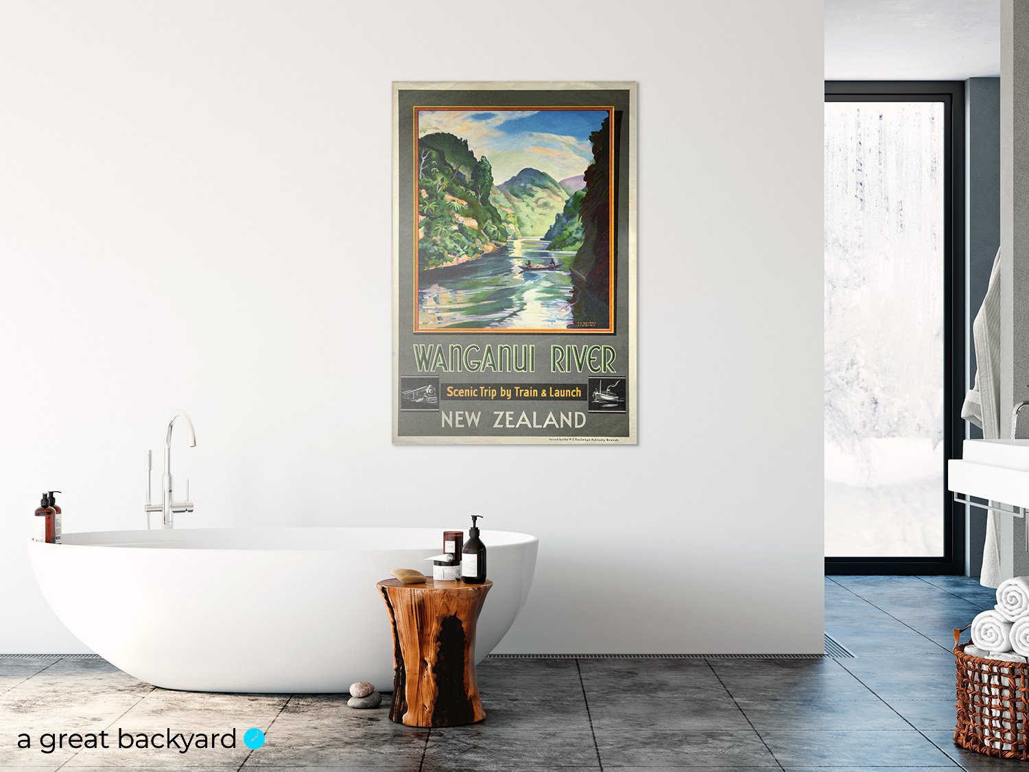 Vintage Wanganui River poster hanging on bathroom wall
