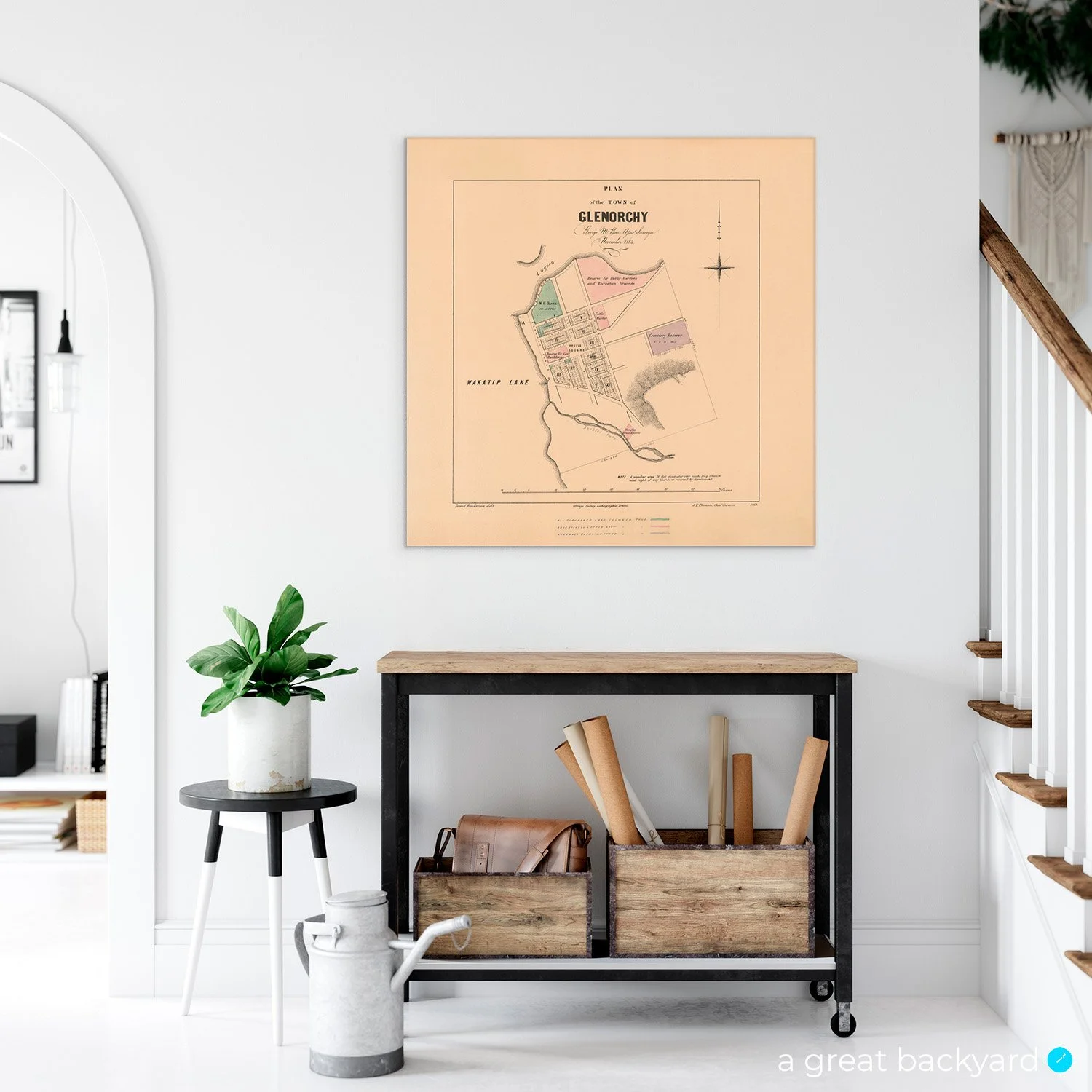 Vintage 1864 Glenorchy map on home wall | Hand-crafted by a great backyard