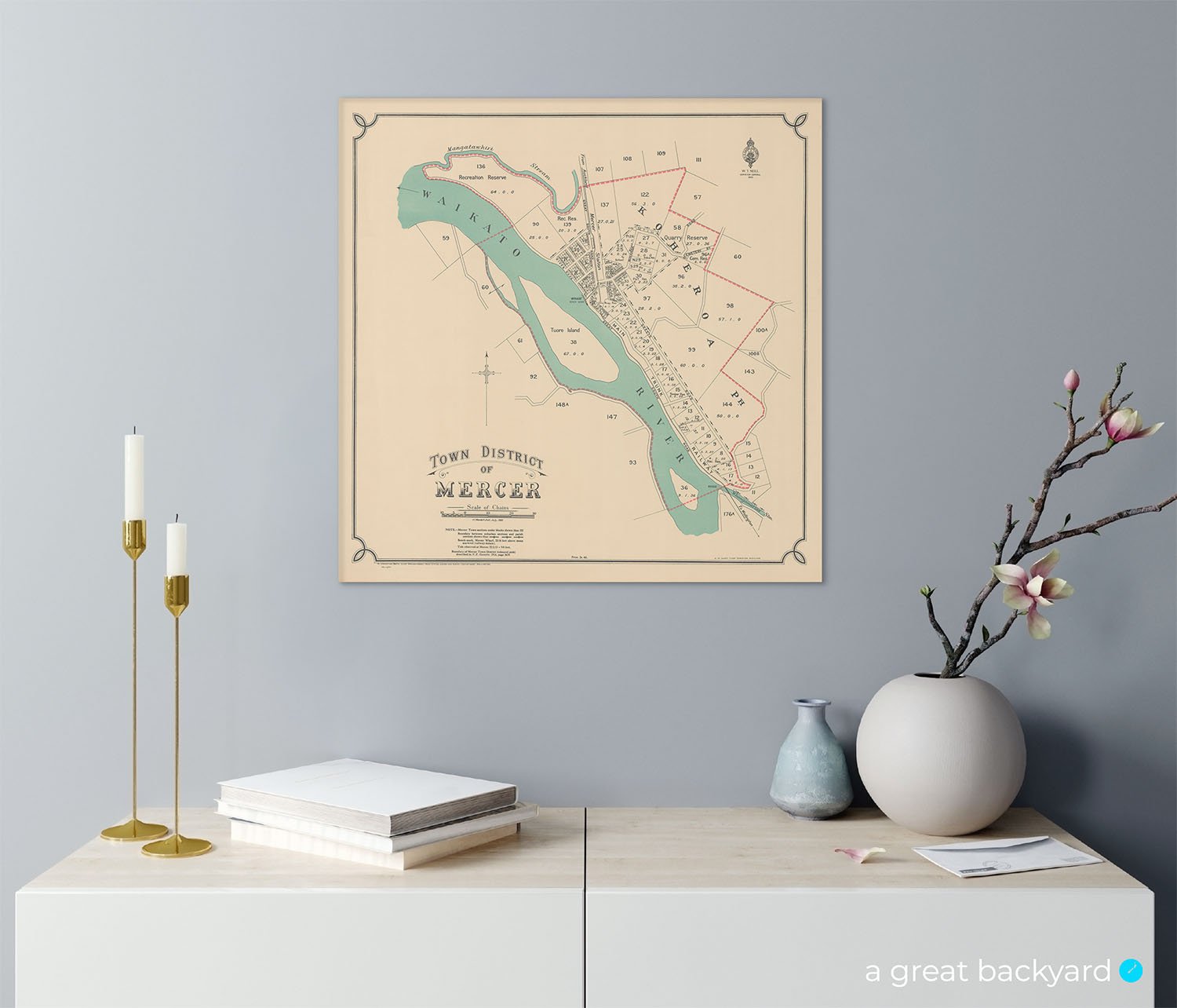 Historical Mercer Map (1929) on home wall | a great backyard hand-crafted map prints