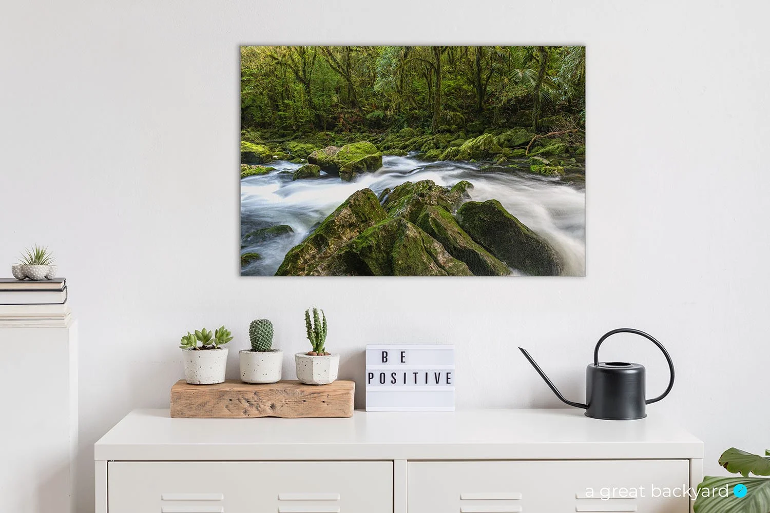 Riwaka River print on interior wall | a great backyard proudly made in New Zealand