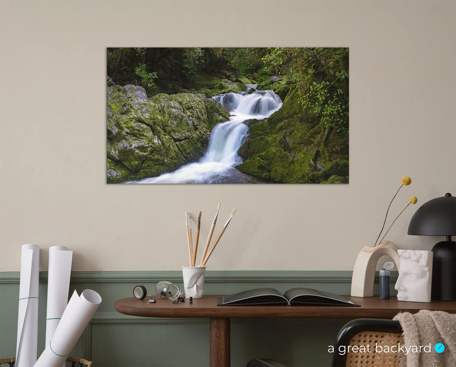 Riwaka River print on interior wall | a great backyard proudly made in New Zealand