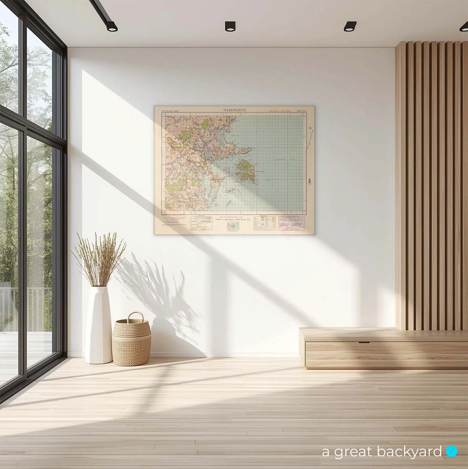 Vintage Warkworth map (1942) on home wall | a great backyard map prints made in NZ