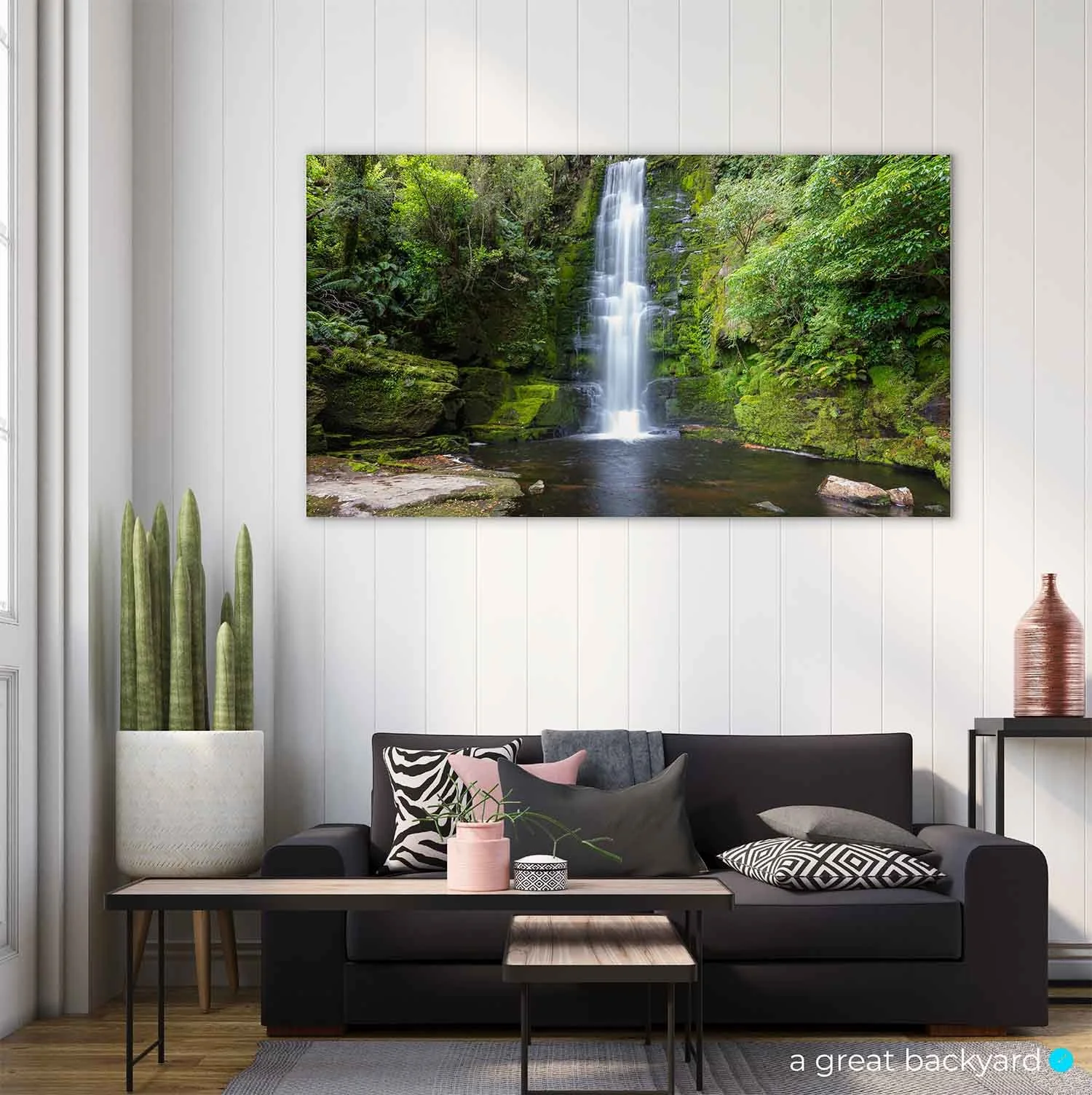 McLean Falls print on home wall | a great backyard print and photography New Zealand