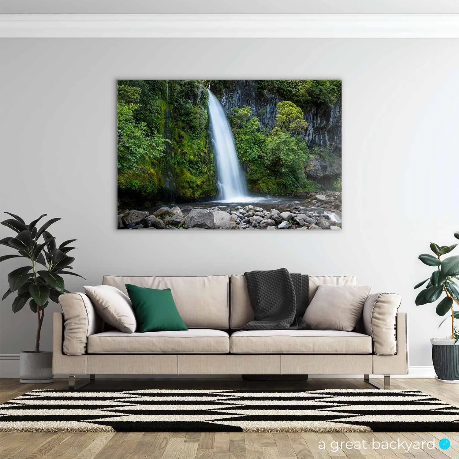 Dawson Falls print on living room wall | a great backyard photography prints