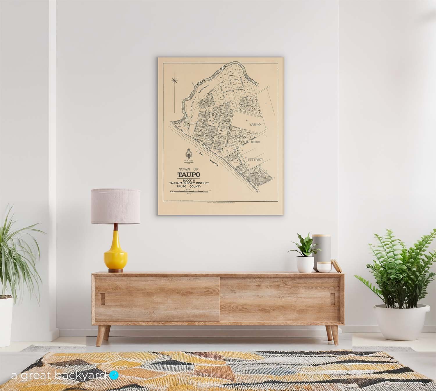 Vintage Taupō map on lounge wall | a great backyard prints hand-crafted in NZ