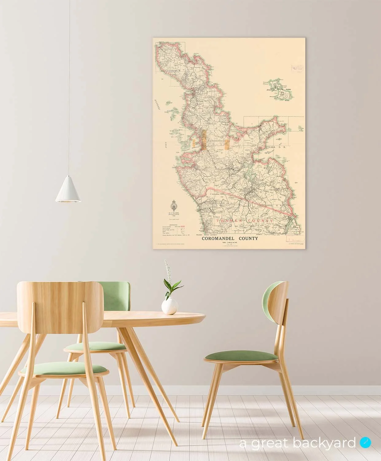 Vintage 1934 Coromandel County map hanging on home wall