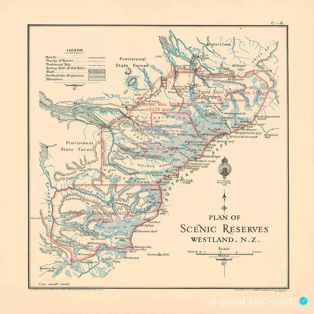 Vintage 1930 map of Scenic Reserves, Westland | a great backyard New Zealand