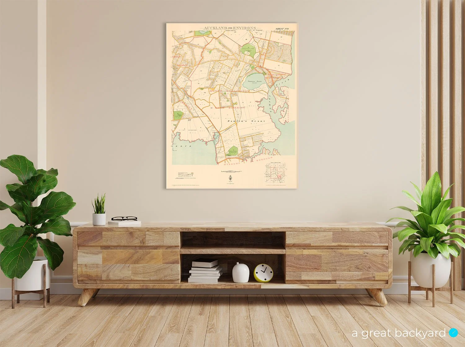 Historic Mt Wellington map on home wall | Hand-crafted Auckland maps by a great backyard