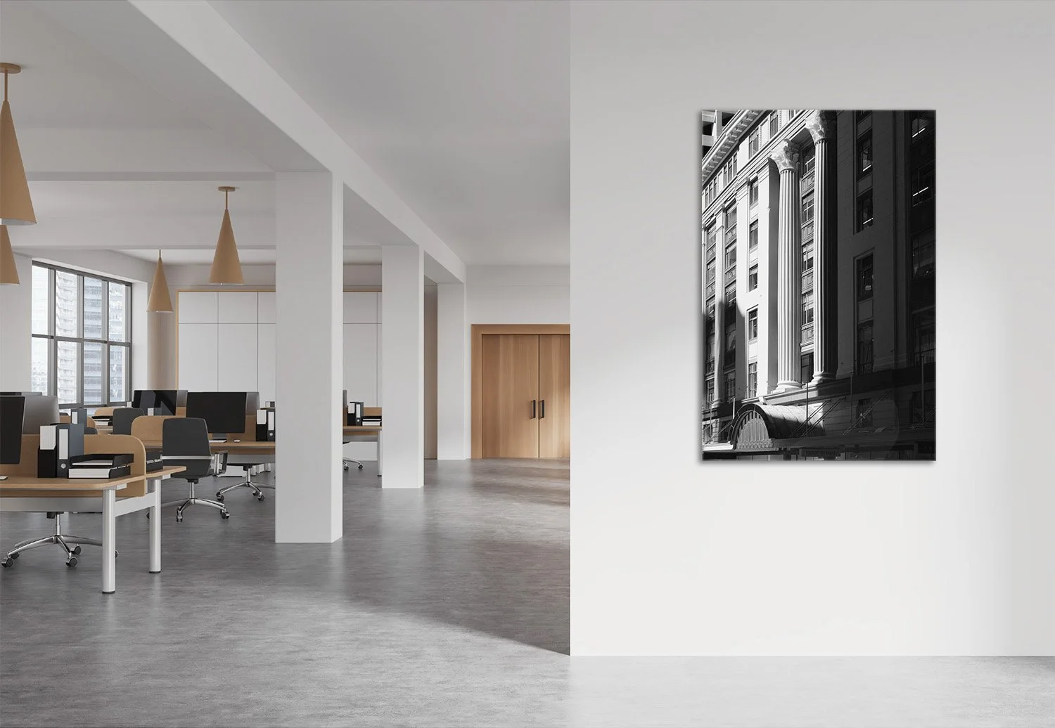 Black and white print of Wellington building hanging on office wall | a great backyard specialist print studio New Zealand