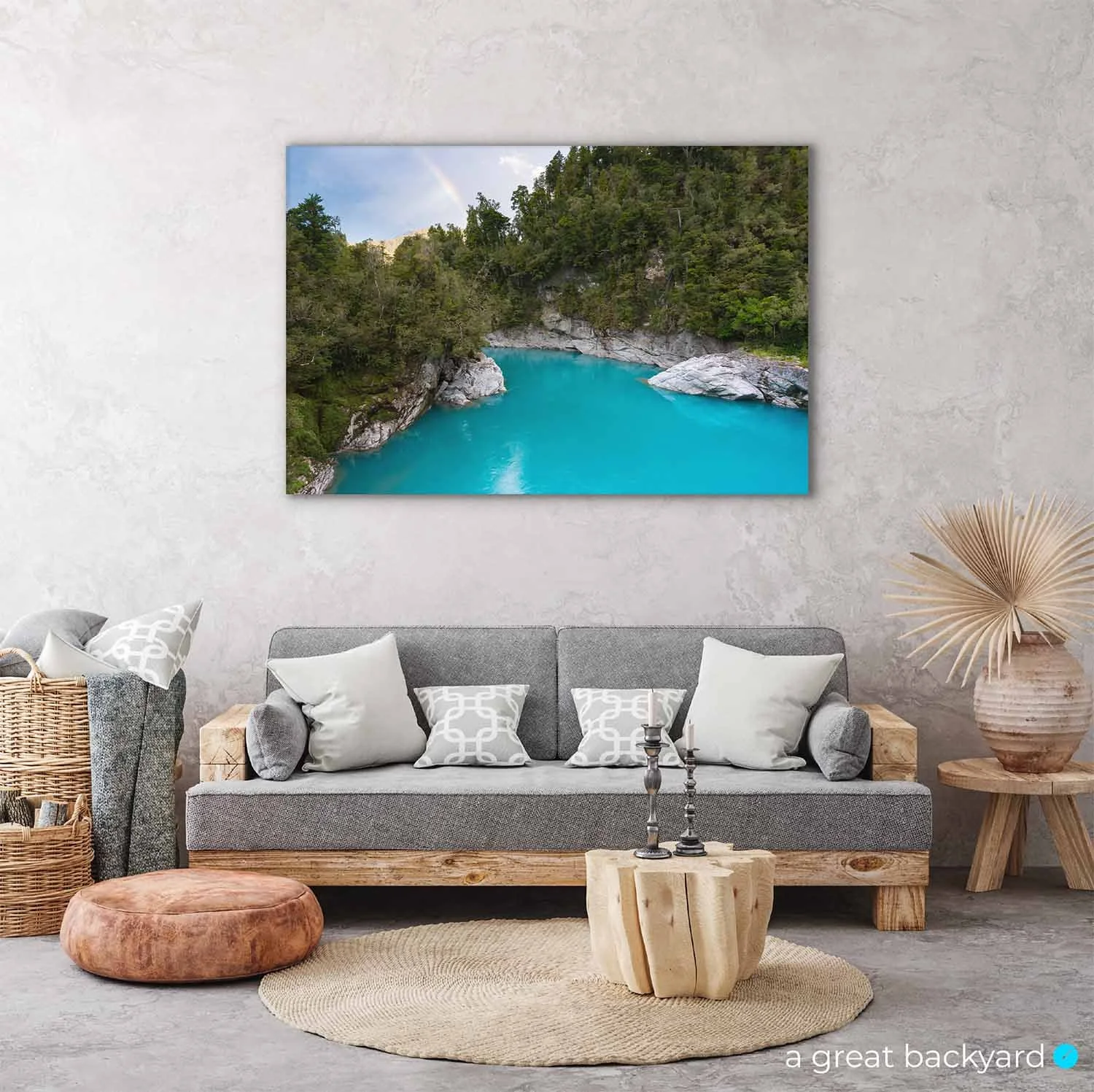 Hokitika Gorge print hanging in modern home | a great backyard print & design