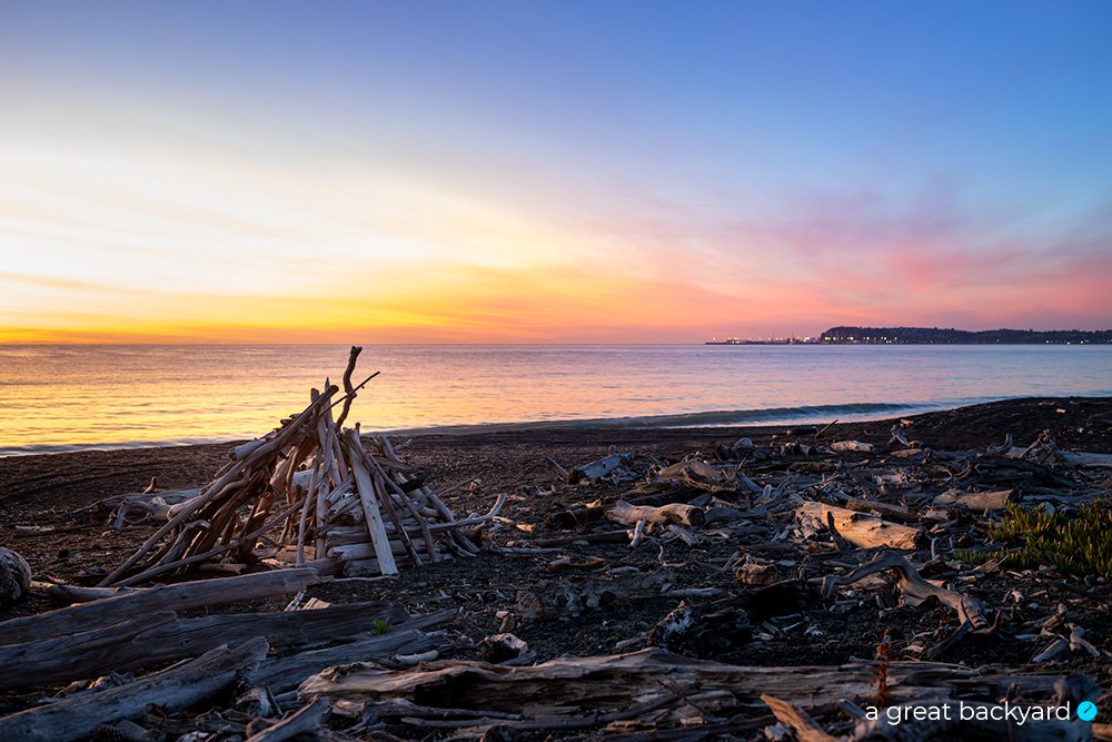 Driftwood at Bay View at dawn with the lights of Napier Port on the background by Corin Walker Bain | a great backyard New Zealand