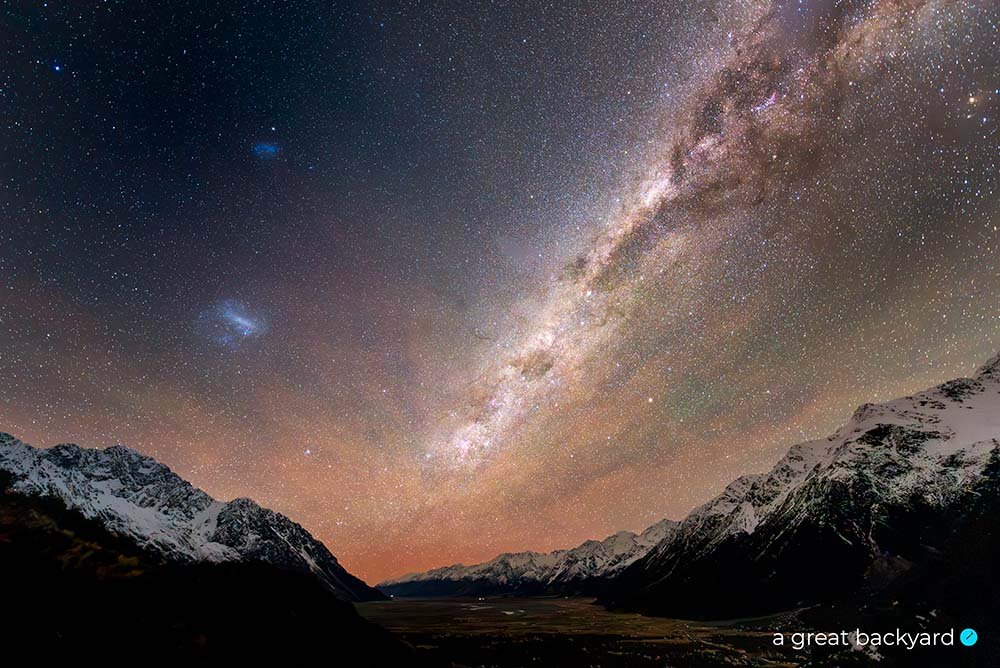 Milky Way over snowy mountains in Mt Cook National Park