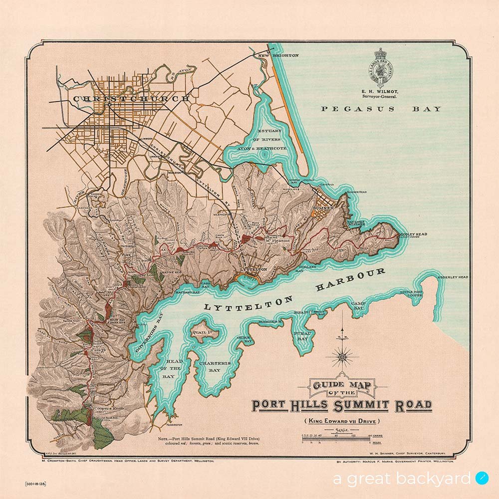 Historic map of Port Hills Summit Road (1917) | a great backyard print studio