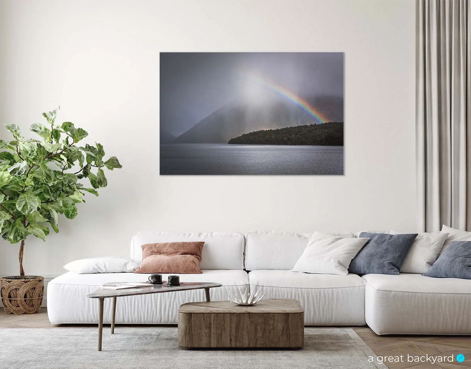 Nelson Lakes rainbow print on interior wall | a great backyard proudly made in New Zealand