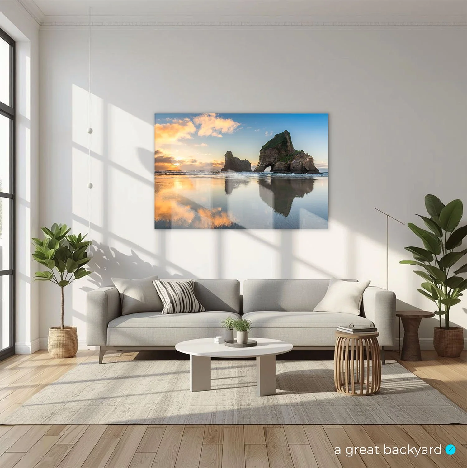 Wharariki Reflection print on home wall | a great backyard premium wall art made in NZ