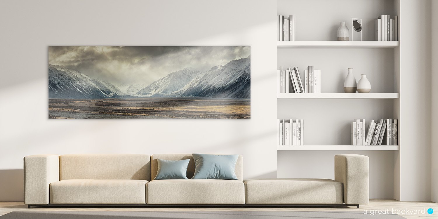 Mt Cook Storm Panorama print hanging on home wall | a great backyard epic New Zealand photography
