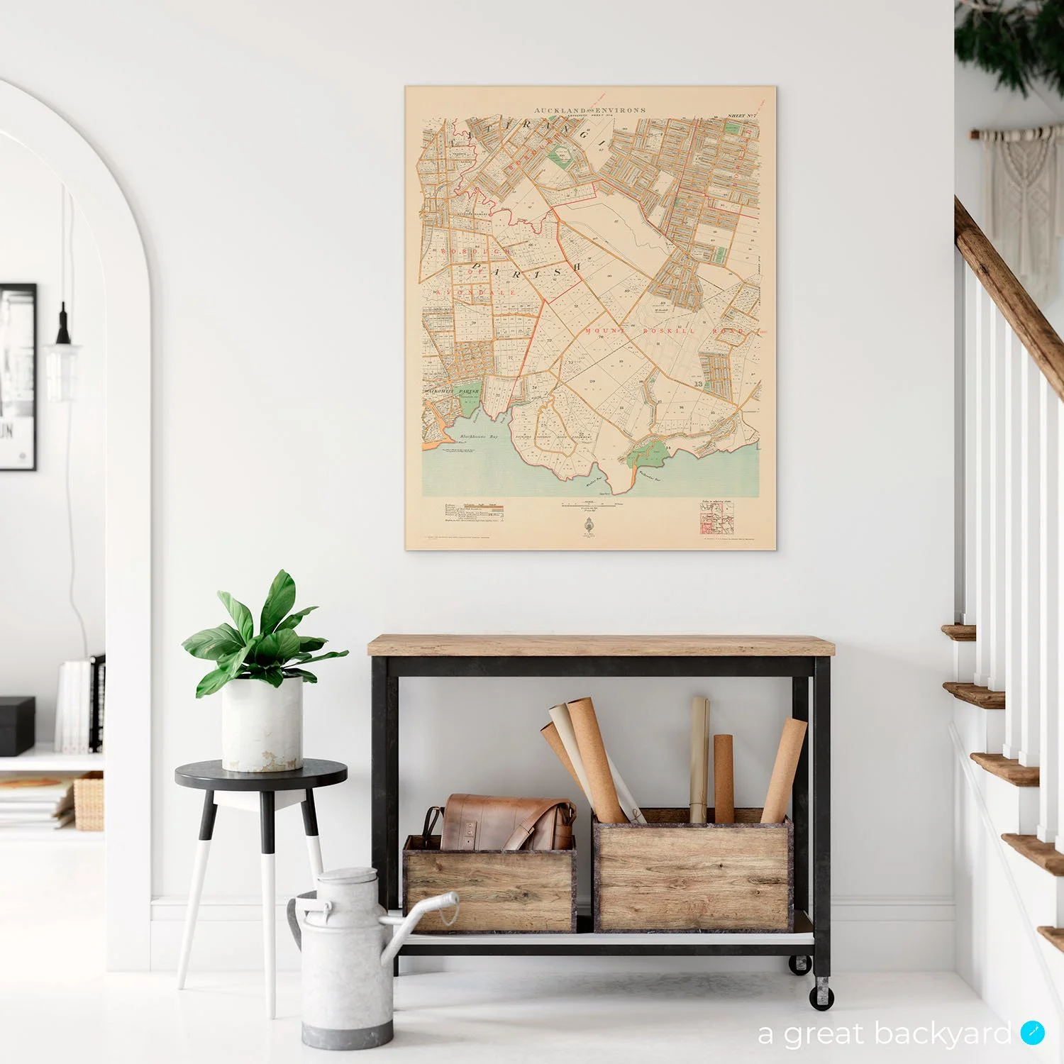 Historic Mt Roskill map on interior wall | Hand-crafted Auckland maps by a great backyard
