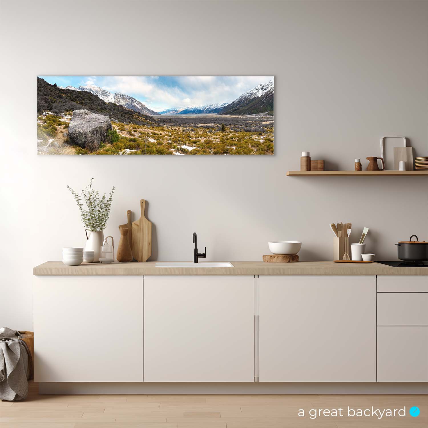Tasman Valley Mt Cook panorama on interior wall | a great backyard NZ landscape prints