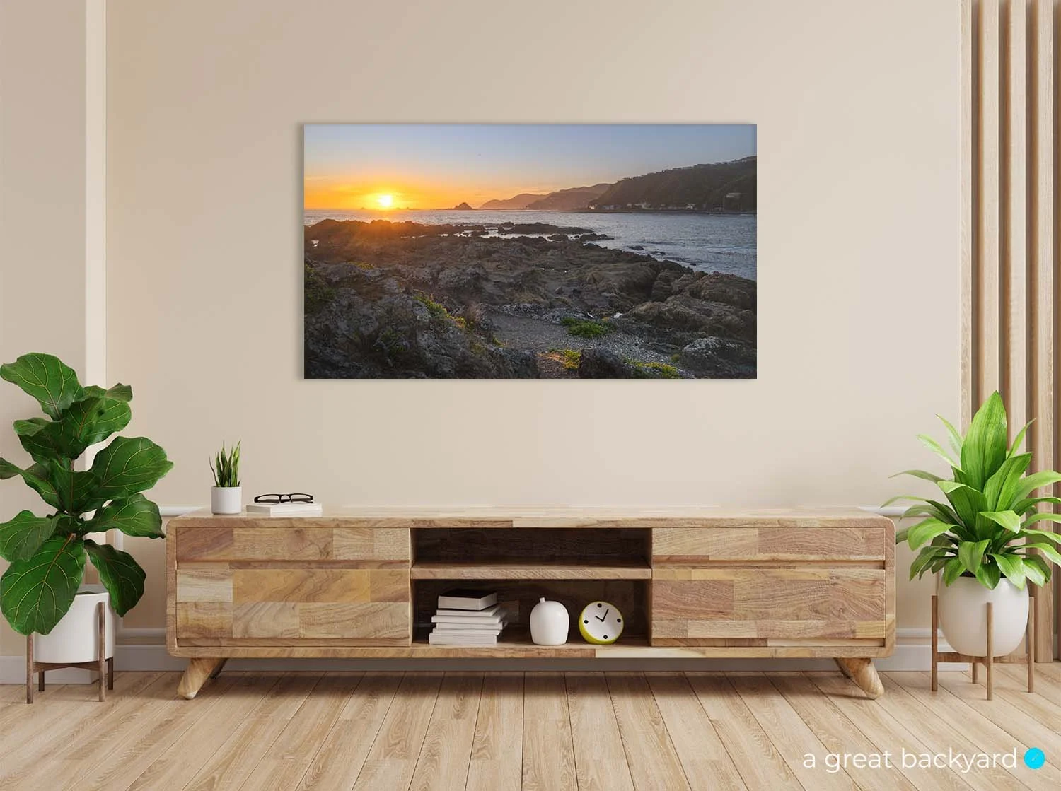 Acrylic print of Island Bay sunset hanging on interior wall | a great backyard print and design studio, New Zealand
