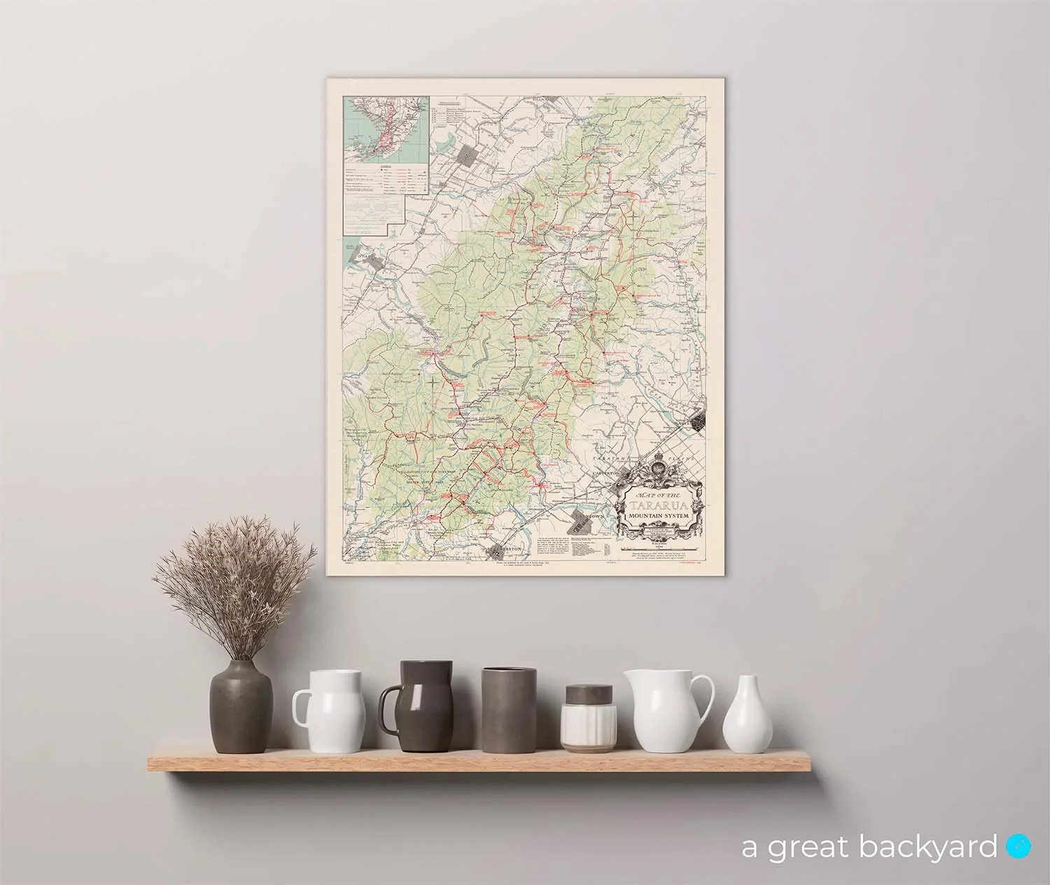 Vintage Tararua Mountains map (1959) on home wall | a great backyard hand-crafted map prints