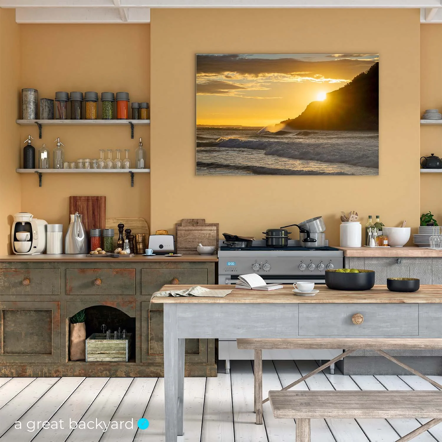 Back Beach sunset print on kitchen wall | a great backyard New Zealand