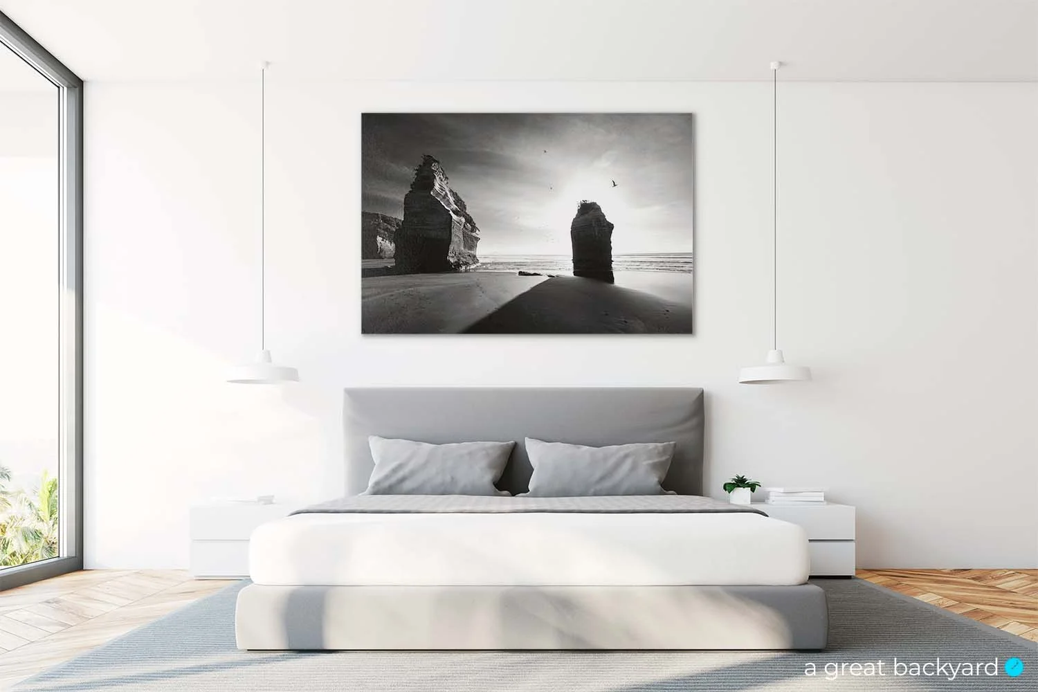 Black and white Tongapōrutu print on home wall | a great backyard print & design
