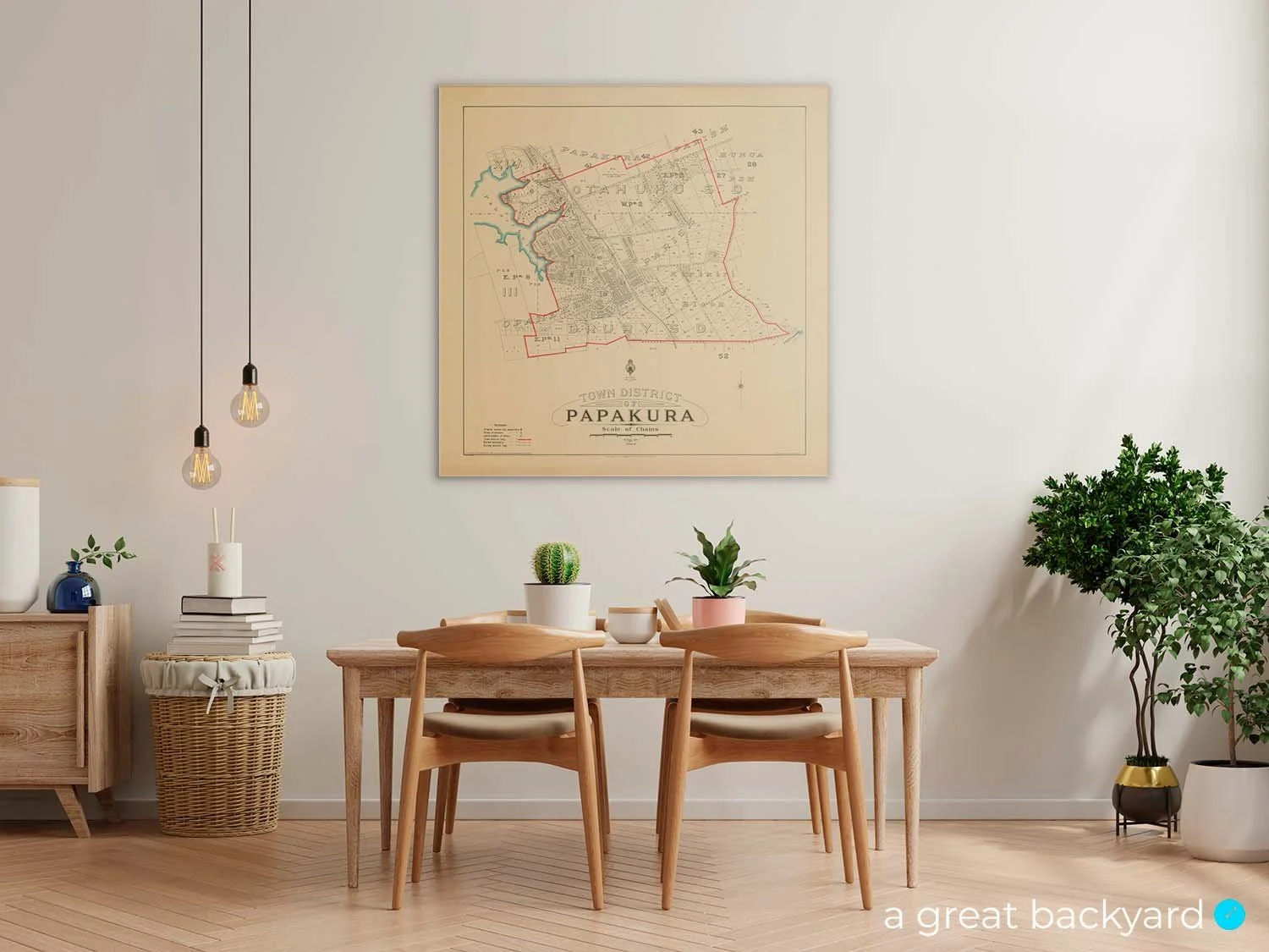 Vintage 1925 map of Papakura hanging on home wall | a great backyard print studio