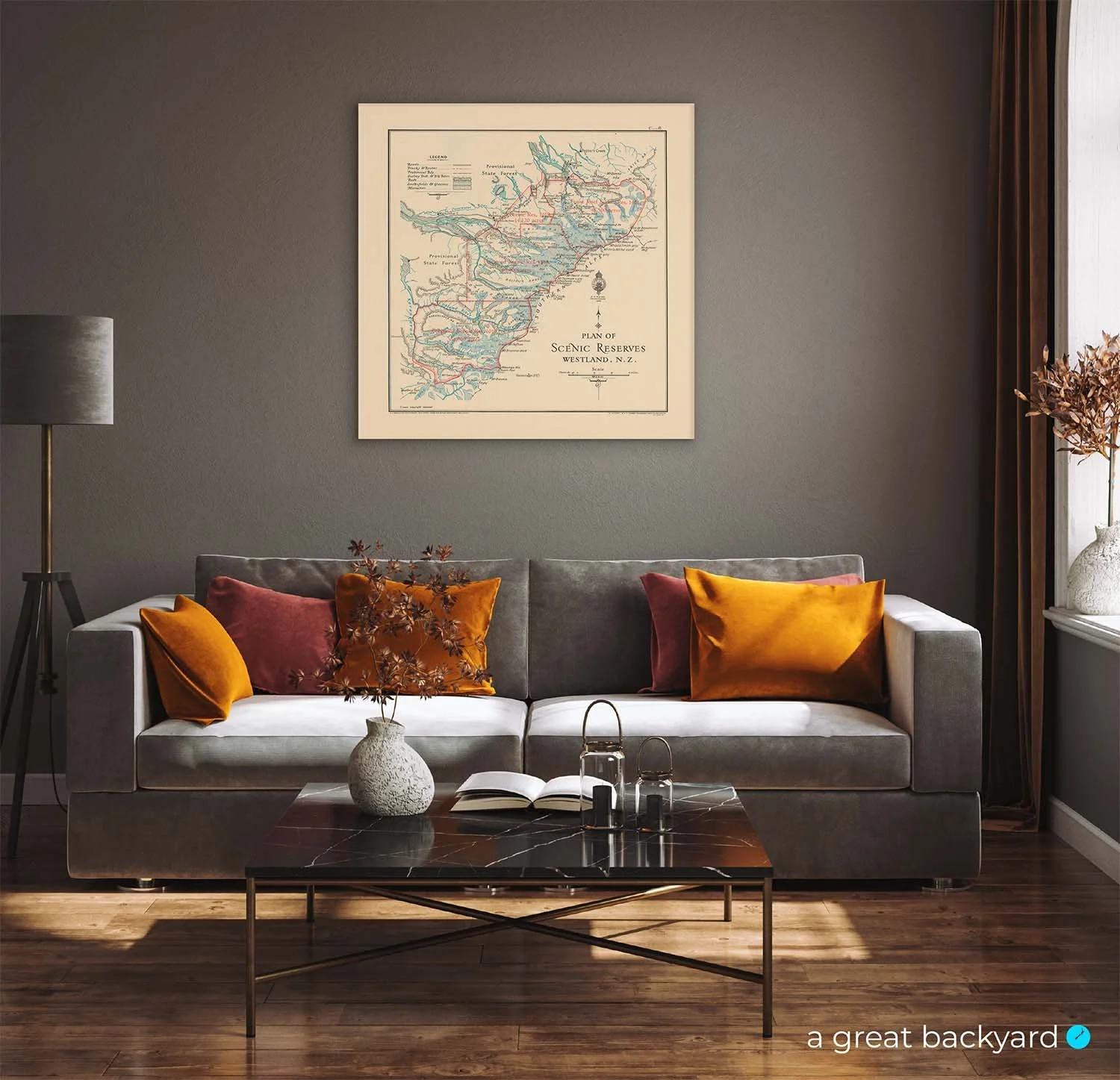 Vintage map of Westland Scenic Reserves on interior wall | a great backyard maps made in New Zealand