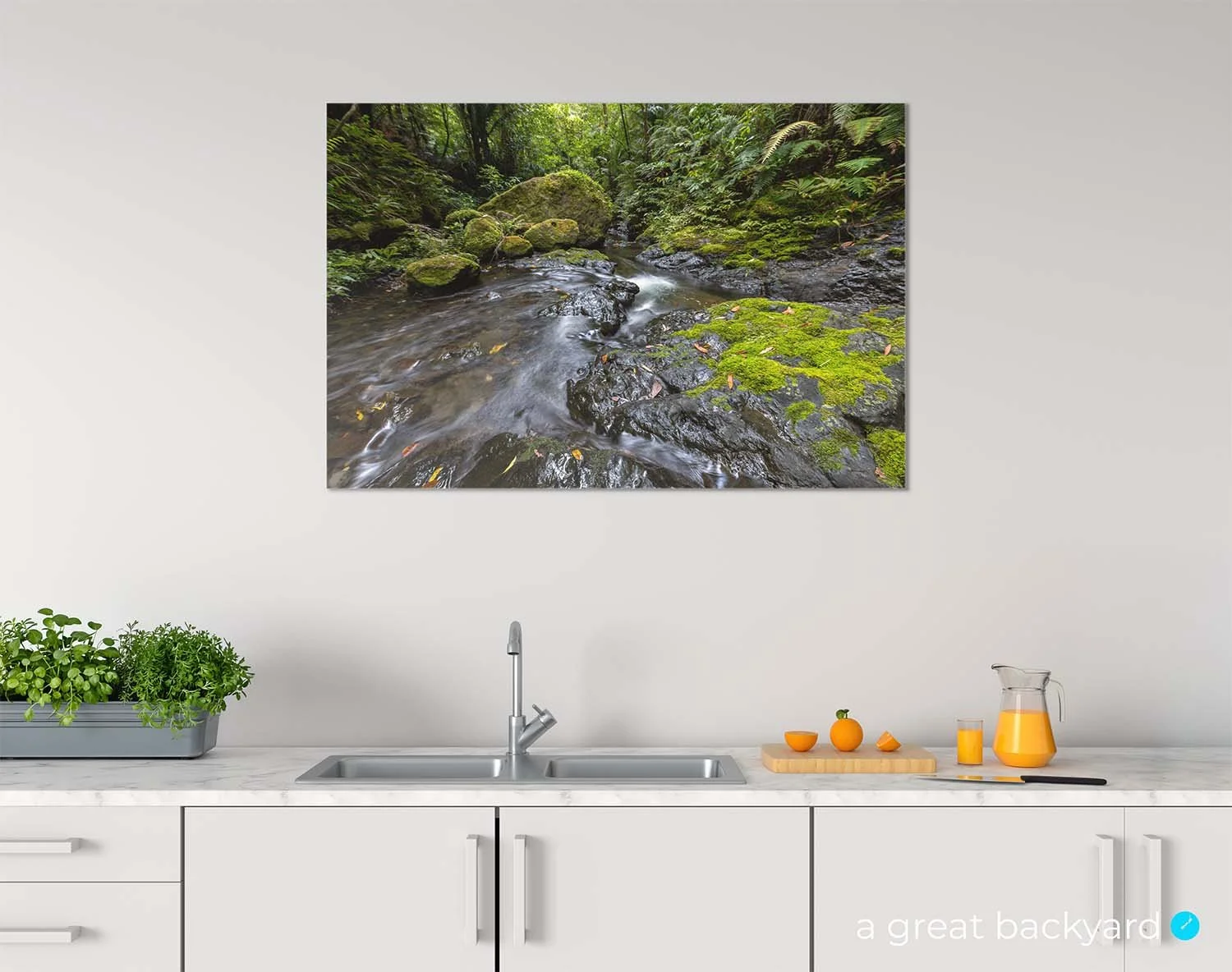 Waiotemarama Falls print on kitchen wall | a great backyard statement wall art