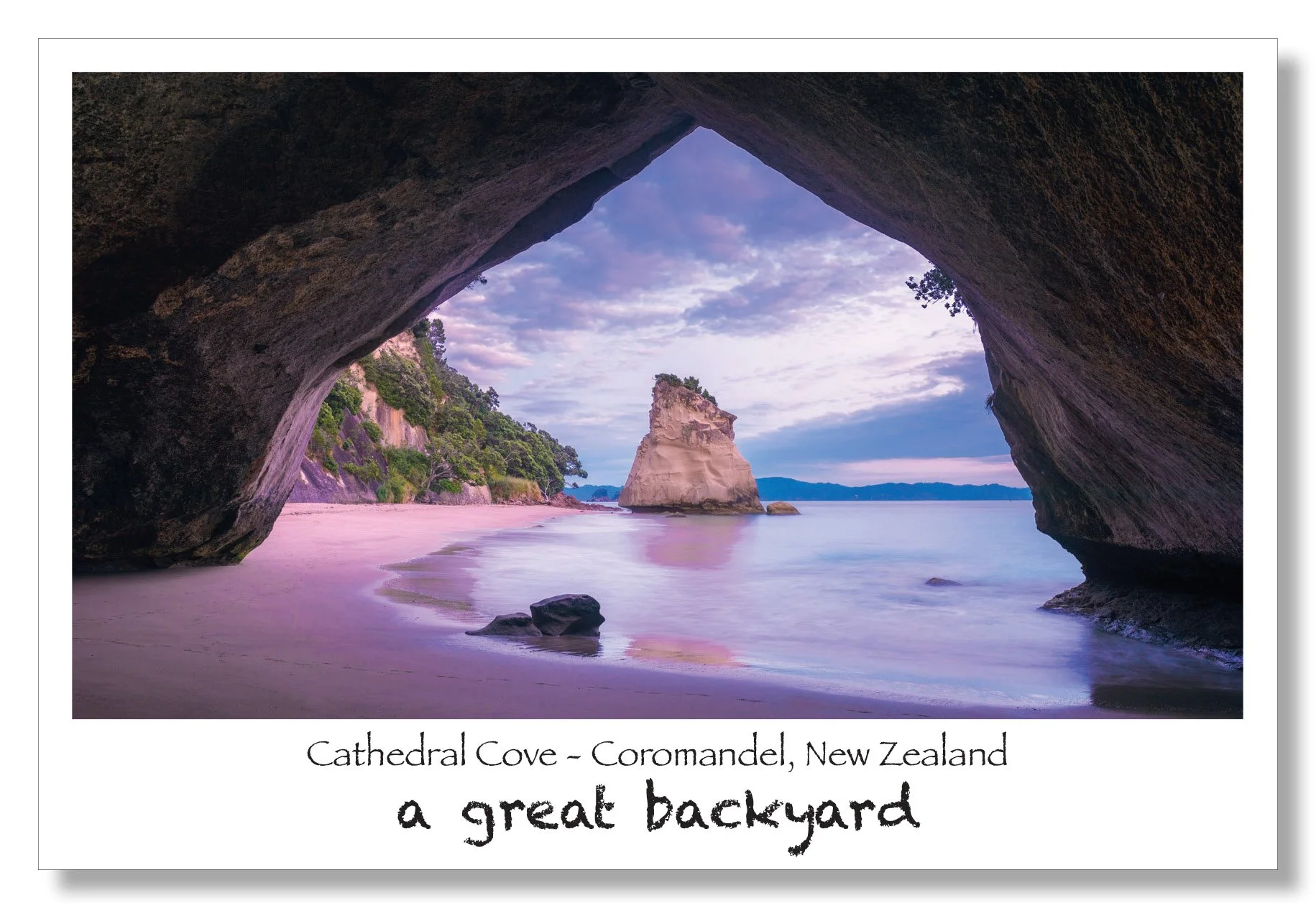 Cathedral Cove Lilac Postcard by Corin Walker Bain | a great backyard photography NZ