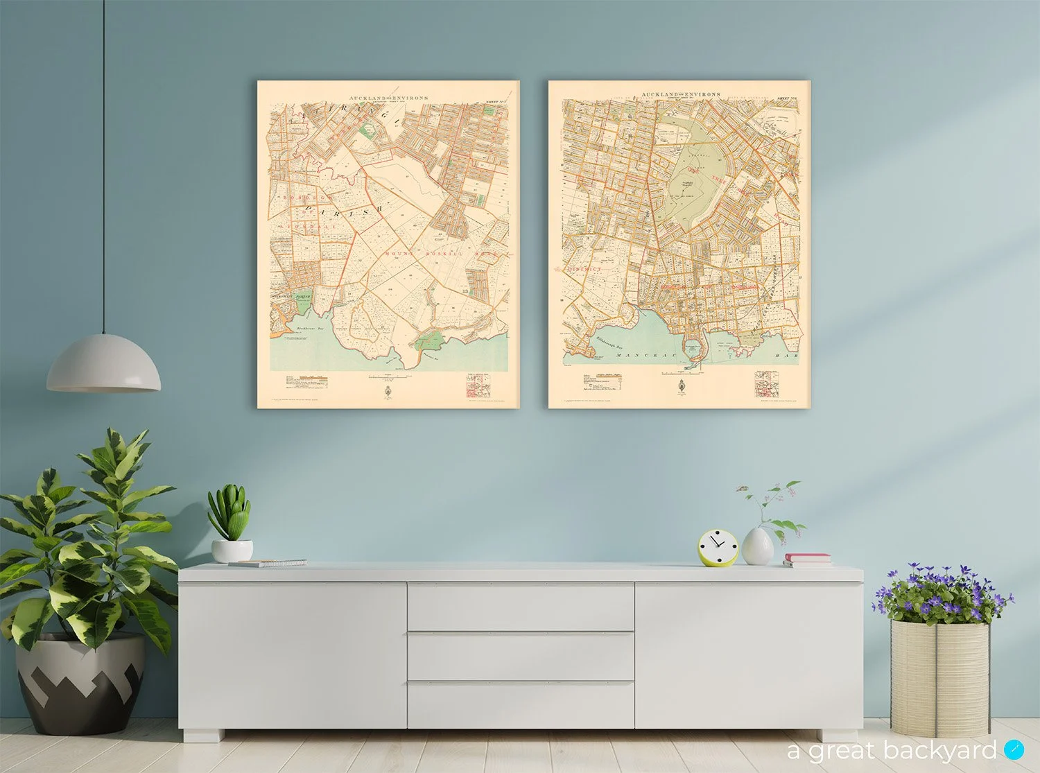 Vintage Auckland maps on home wall | Statement wall art by a great backyard