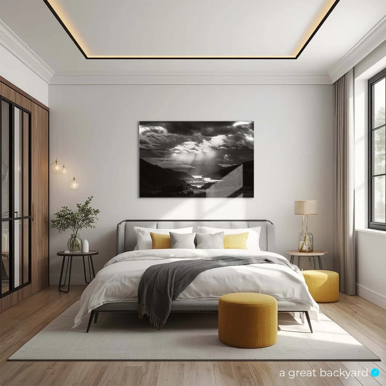 Lake Wakatipu black and white print on bedroom wall | a great backyard prints Made in NZ