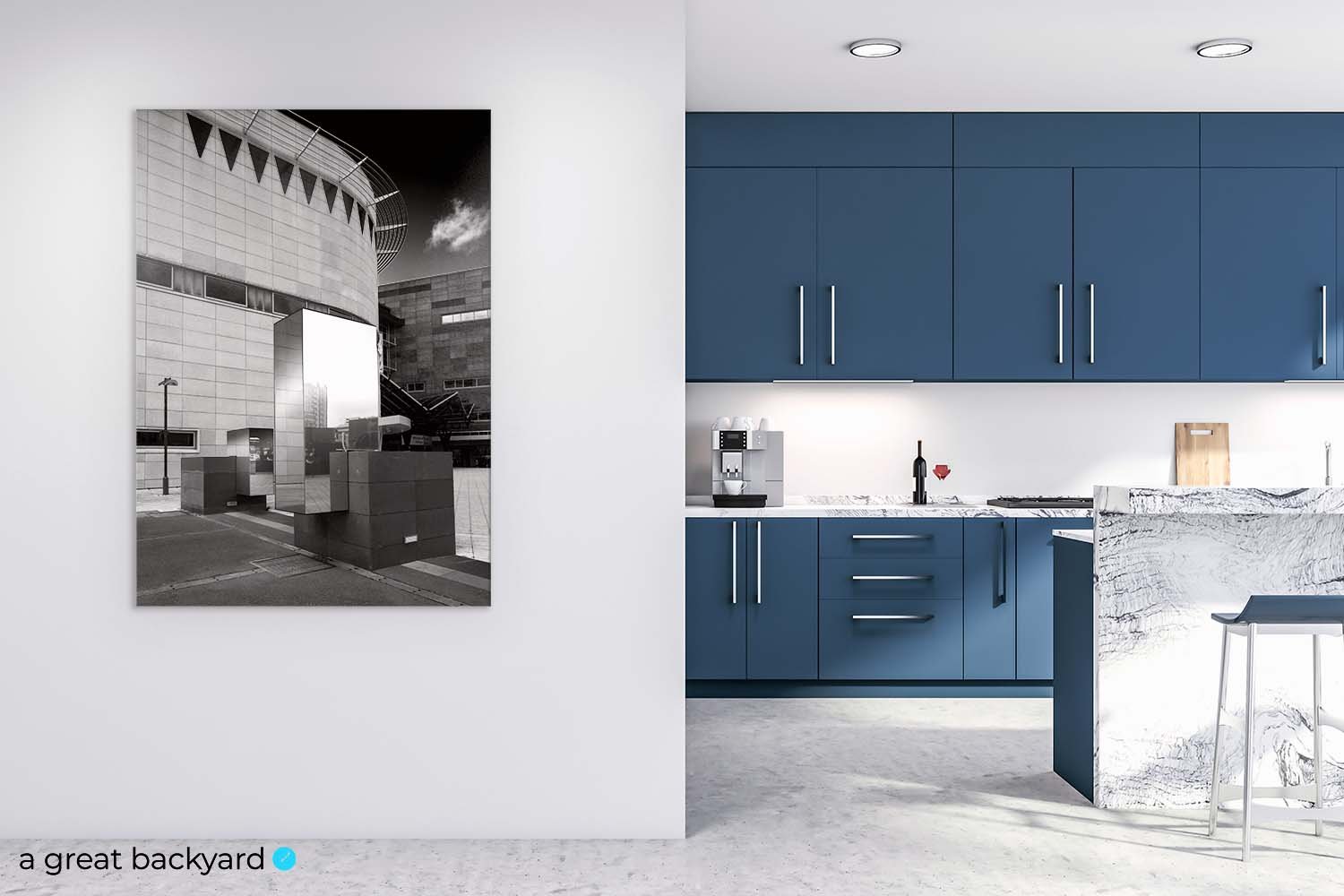 Black and white photo of Te Papa hanging on kitchen wall | a great backyard New Zealand