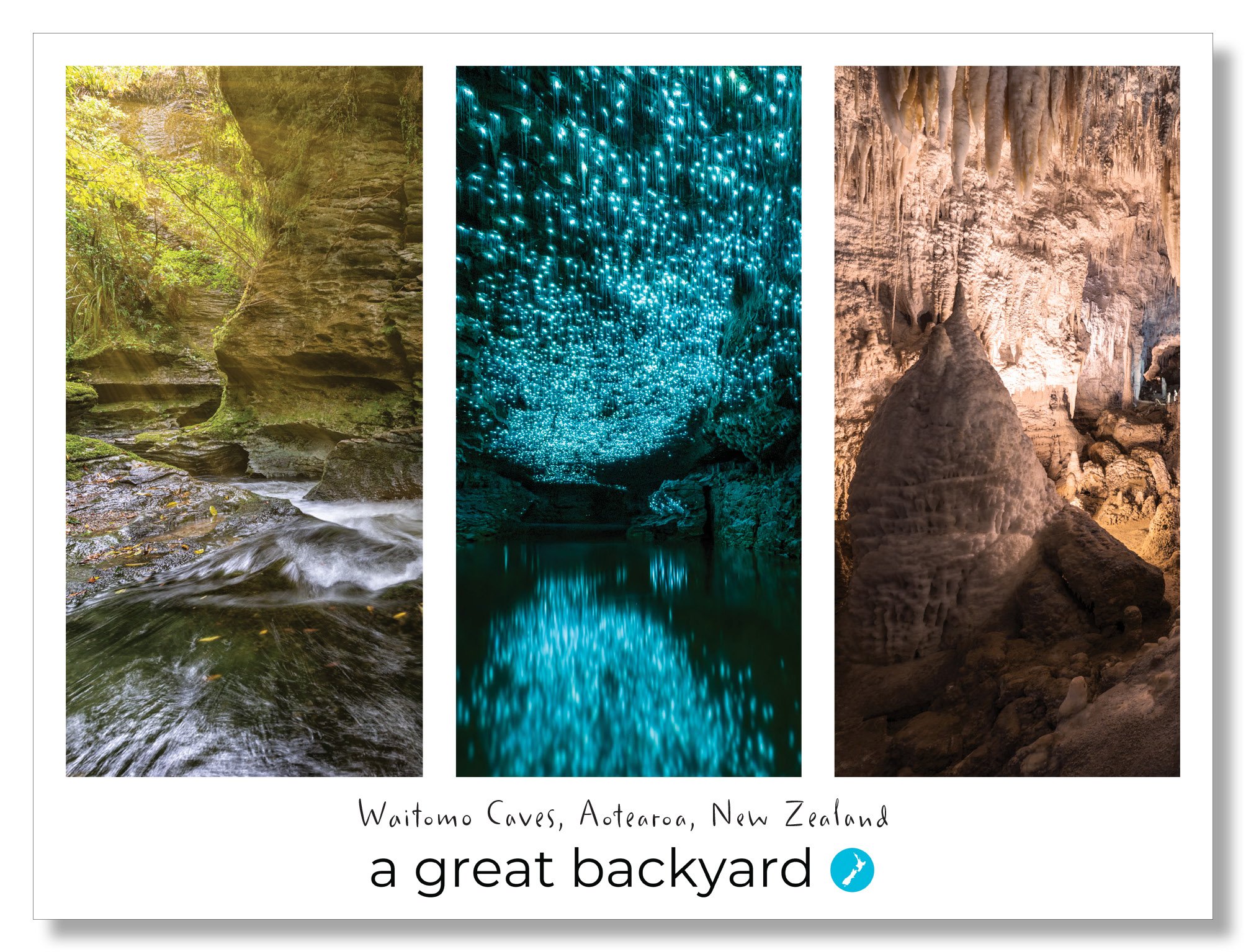 Waitomo Caves Triptych Postcard by Corin Walker Bain | a great backyard photography NZ