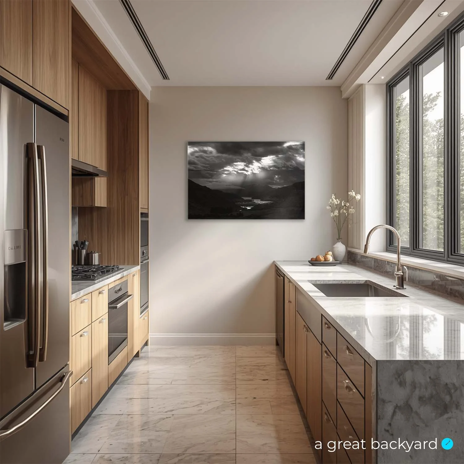 Lake Wakatipu black and white print on kitchen wall | a great backyard Statement Wall Art