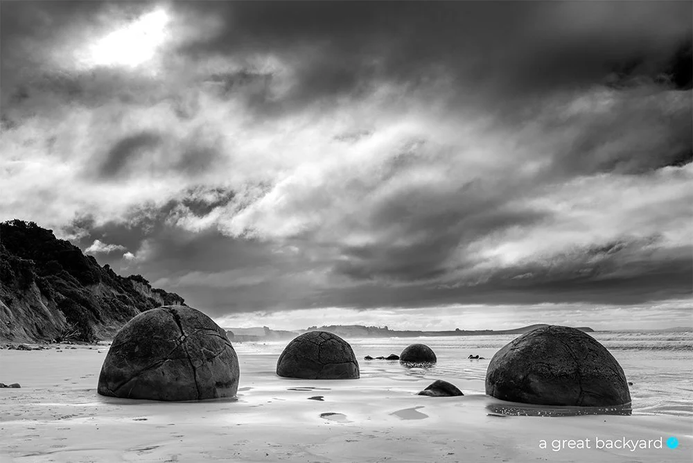 Moeraki Boulders in black and white by Corin Walker Bain | a great backyard landscape photography